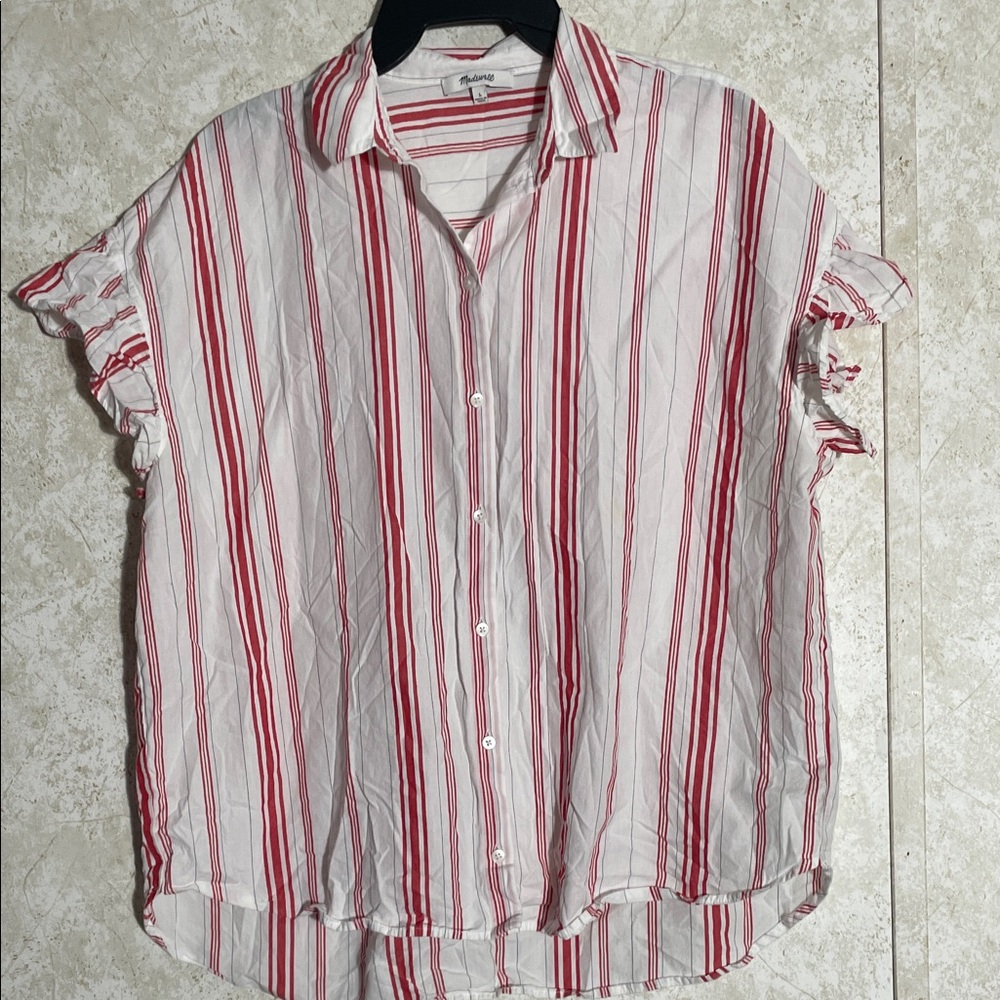 Madewell Red and White Striped Short Sleeve Shirt with High Low Hem